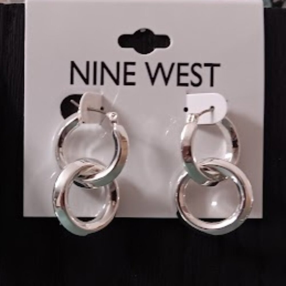 NINE WEST Mod/Contemporary Shiny Silver Double Open Circle Hoop Earrings**NEW!